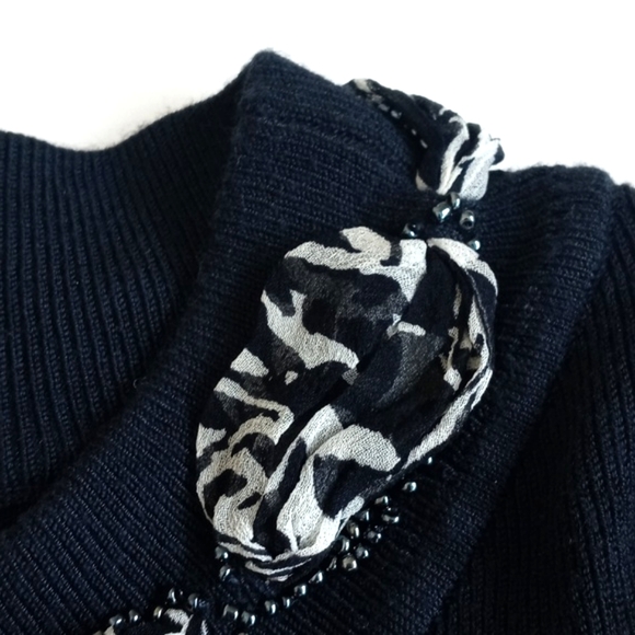 Emma James Nylon Rayon Deep Navy Blue Long Sleeve Sweater Silk Beaded Bow Trim S - Picture 5 of 10